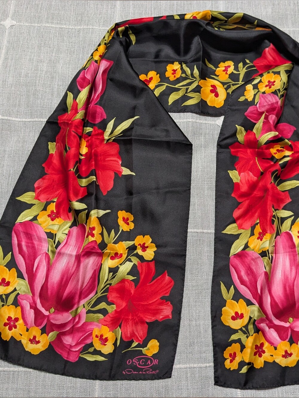 Oscar de la Renta Black Silk Floral Scarf with Red, Pink & Yellow Blooms